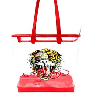 Ed Hardy Red Clear Tote Bag & Pouch NWT $160 MSRP